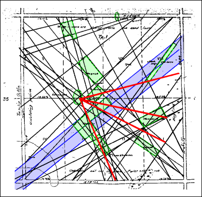 Diagram: imaginary extension of garden plots survey by D. Ponton, overlayed on the Dominion Land Survey map.