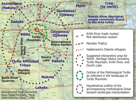 Map of the Turtle Mountain Area showing suggested interpretive elements and important pathways.